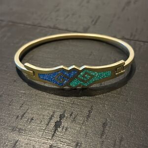 VTG Alpaca Mexico Native American Silver Tone Inlay Detail Bangle Bracelet​